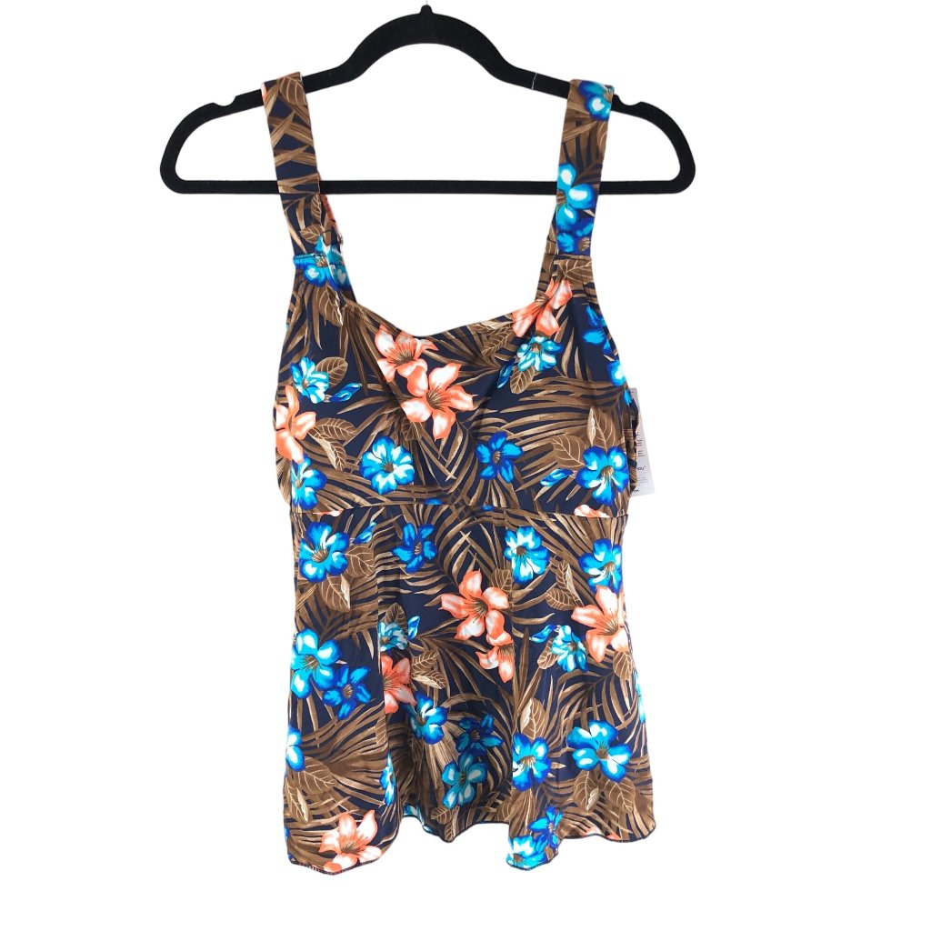 Lands End Womens Flutter Tankini Top Deep Sea Navy Tropic Palm Blue Brown Xs